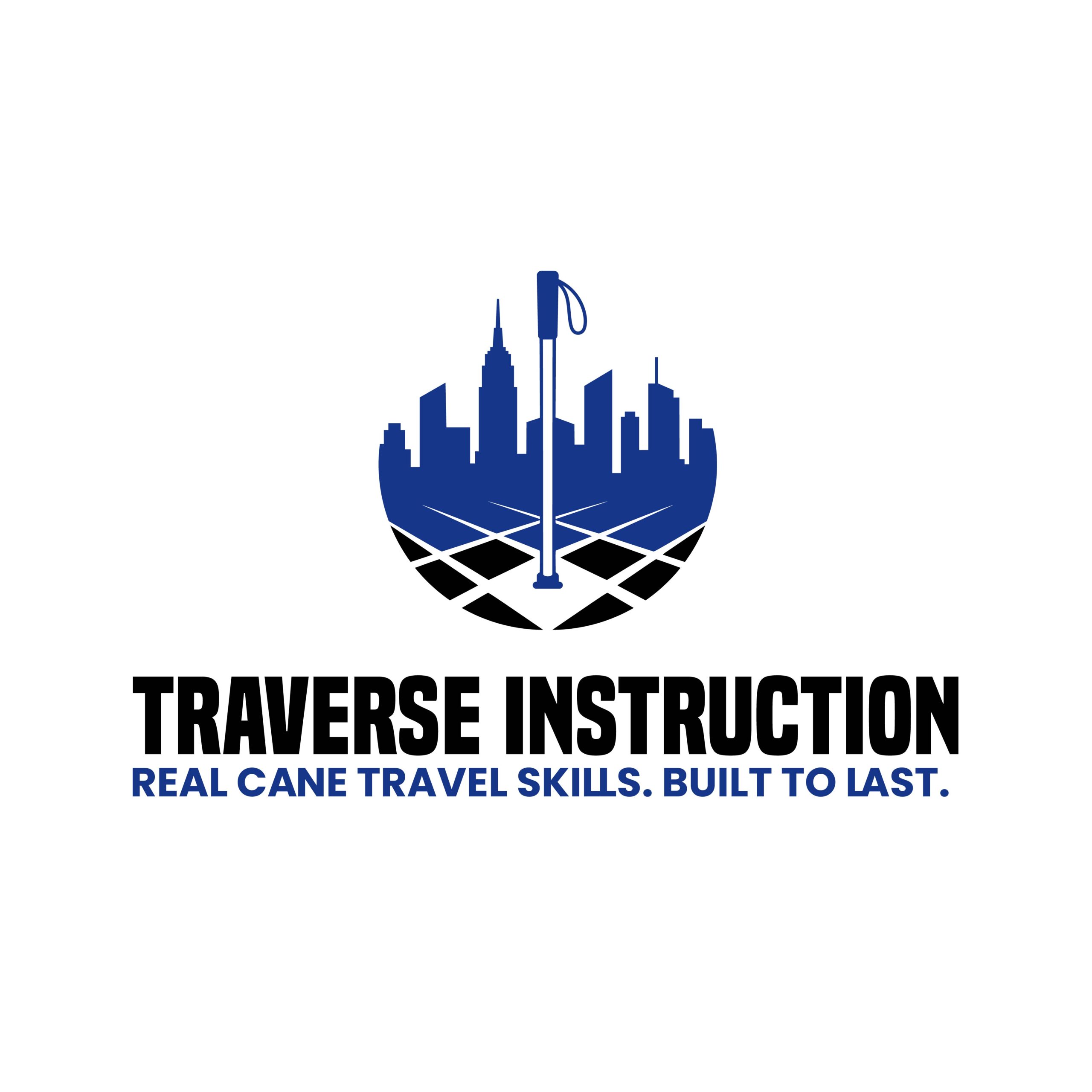 The Traverse Instruction logo. At the center of the logo stands a long, white NFB straight cane. It rises out of a black-and-white pavement laid in diamonds that tilt back into the distance in sharp perspective — rows of tile narrowing toward a vanishing point, opening out beneath the cane like ground stretching ahead of the viewer. Behind the cane, a deep, MTA-blue New York City skyline cuts across the upper half in crisp silhouette: a dense run of skyscrapers with one spired tower reaching highest. The whole image is built as a circle the cane running clean through the middle, the city above, the path below. Beneath the emblem TRAVERSE INSTRUCTION is stamped in heavy, blocky black capitals, solid and industrial, with the dark blue tagline underneath: Real cane travel skills. Built to last.